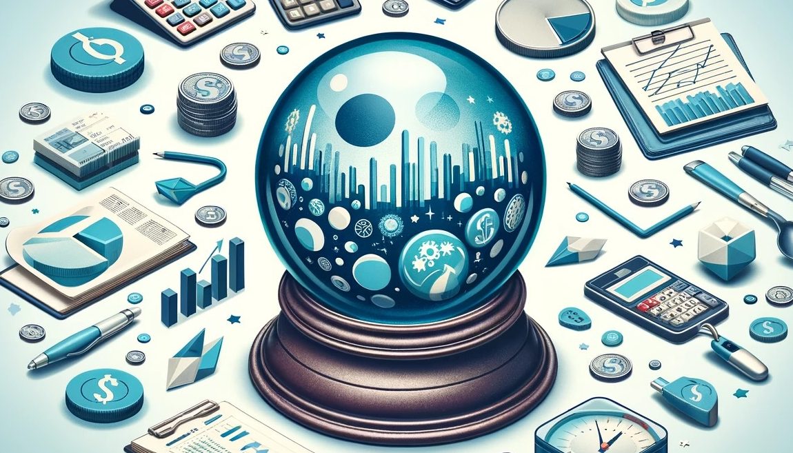 A crystal ball with other financial tools like calculators, graphs, or charts, symbolizing an ironic take on predicting financial futures.