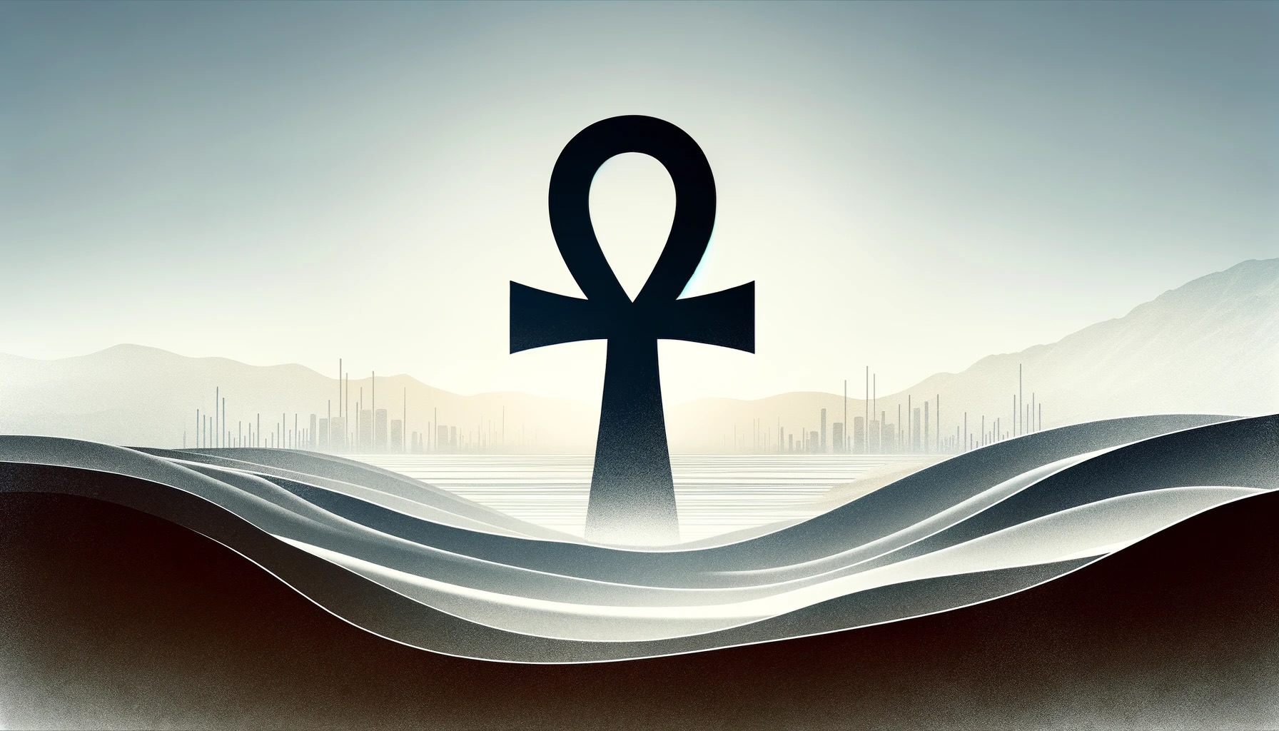 A minimalist landscape image that seamlessly blends the ancient symbol of the Ankh with the concept of a successful business model.